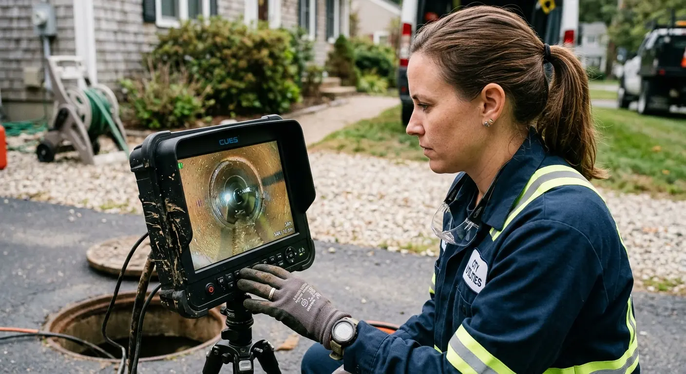 Technician reviewing sewer camera inspection footage in Live Oak